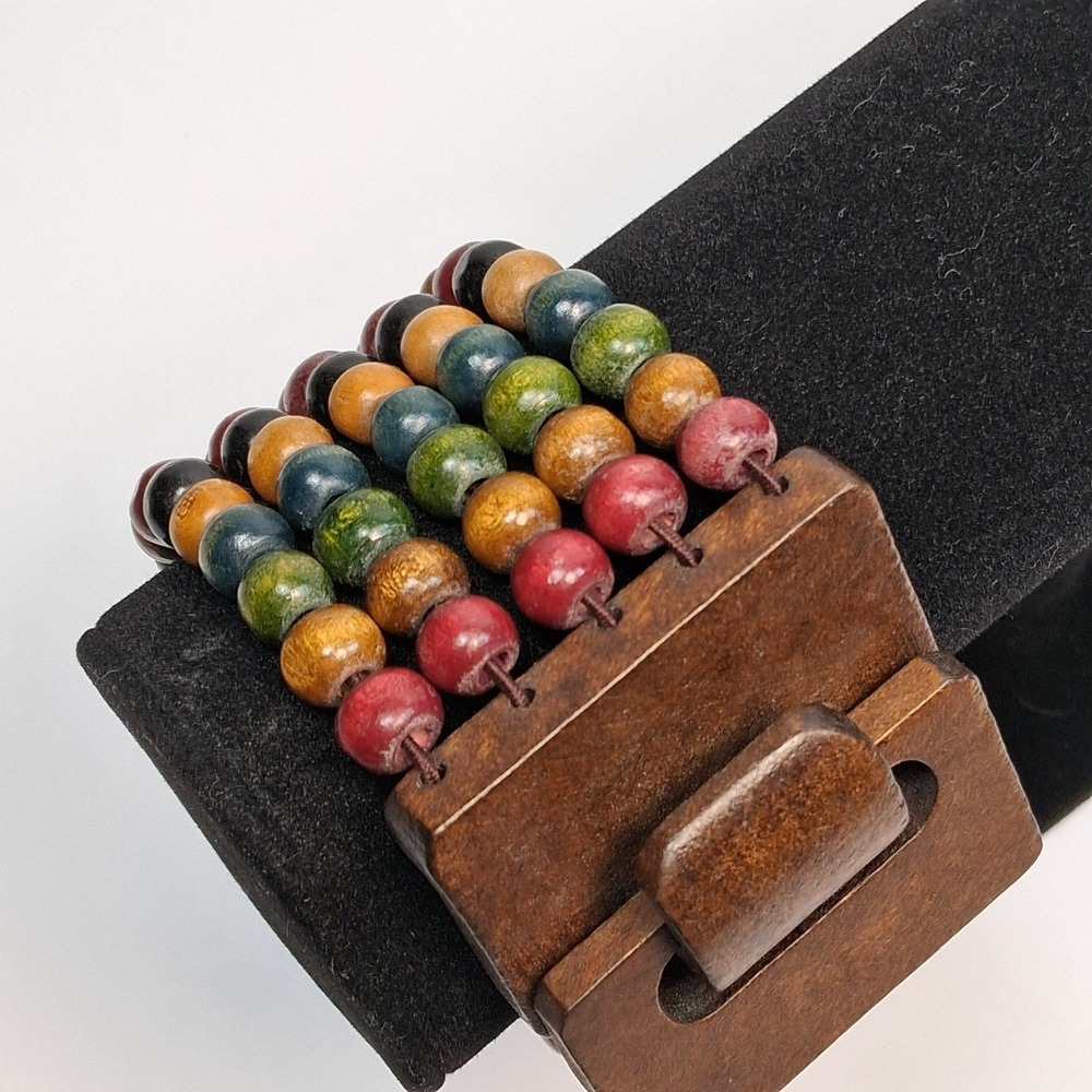 Multi-Color Wood Bead Boho Cuff Bracelet with Carved Wood Buckle Clasp 7.5+" - Picture 2 of 9